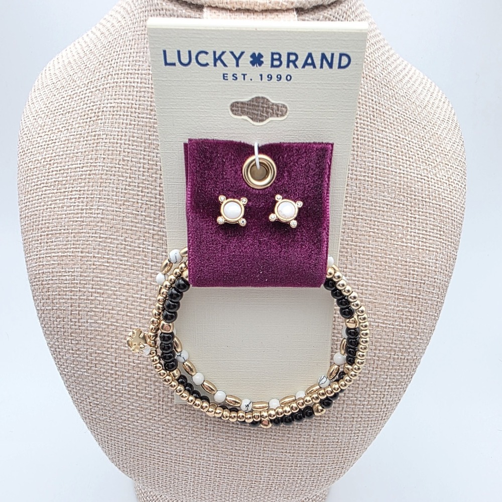 New! LUCKY BRAND Bracelet & Stud Earrings Set‎ Natural Stone & Gold Tone Beaded